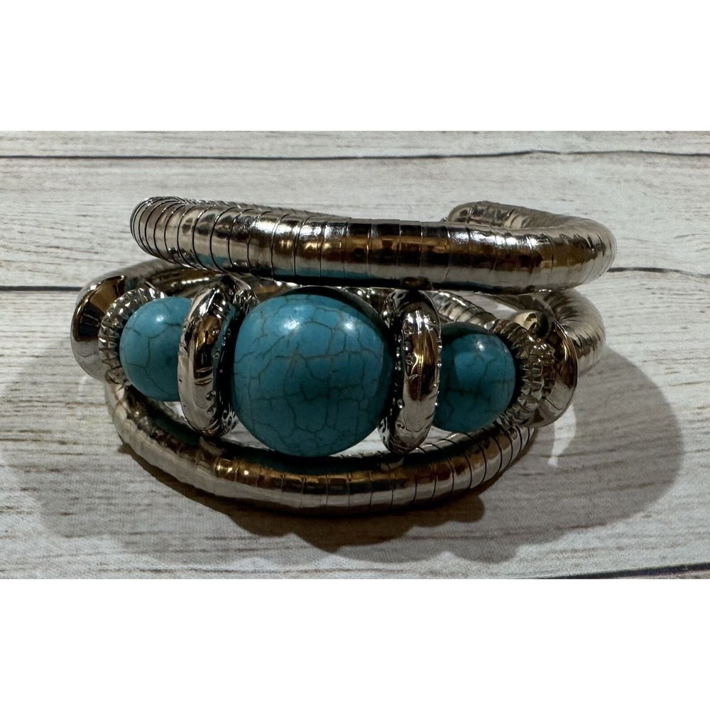 Large Turquoise Silver Tone Blue Bead Wrap Bracelet Flexible Memory Wire TbX